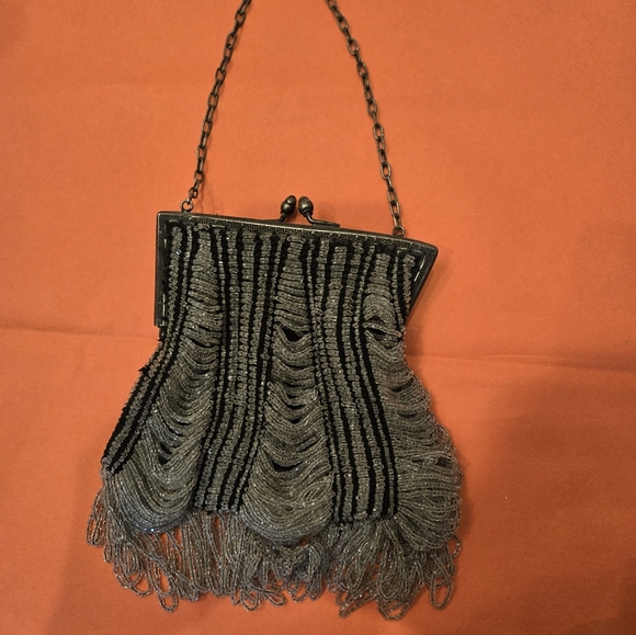Art Deco Beaded Flapper Purse, Black W/ CLEAR  BEADS Lined Party Wedding Perfect - Picture 11 of 12